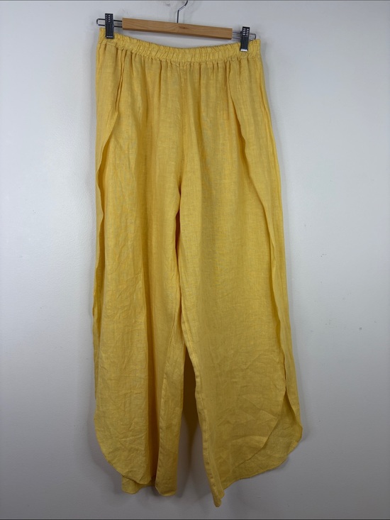 None Pants - Linen Pants Womens One Size Medium Yellow Wide Leg Side Split Made in Italy